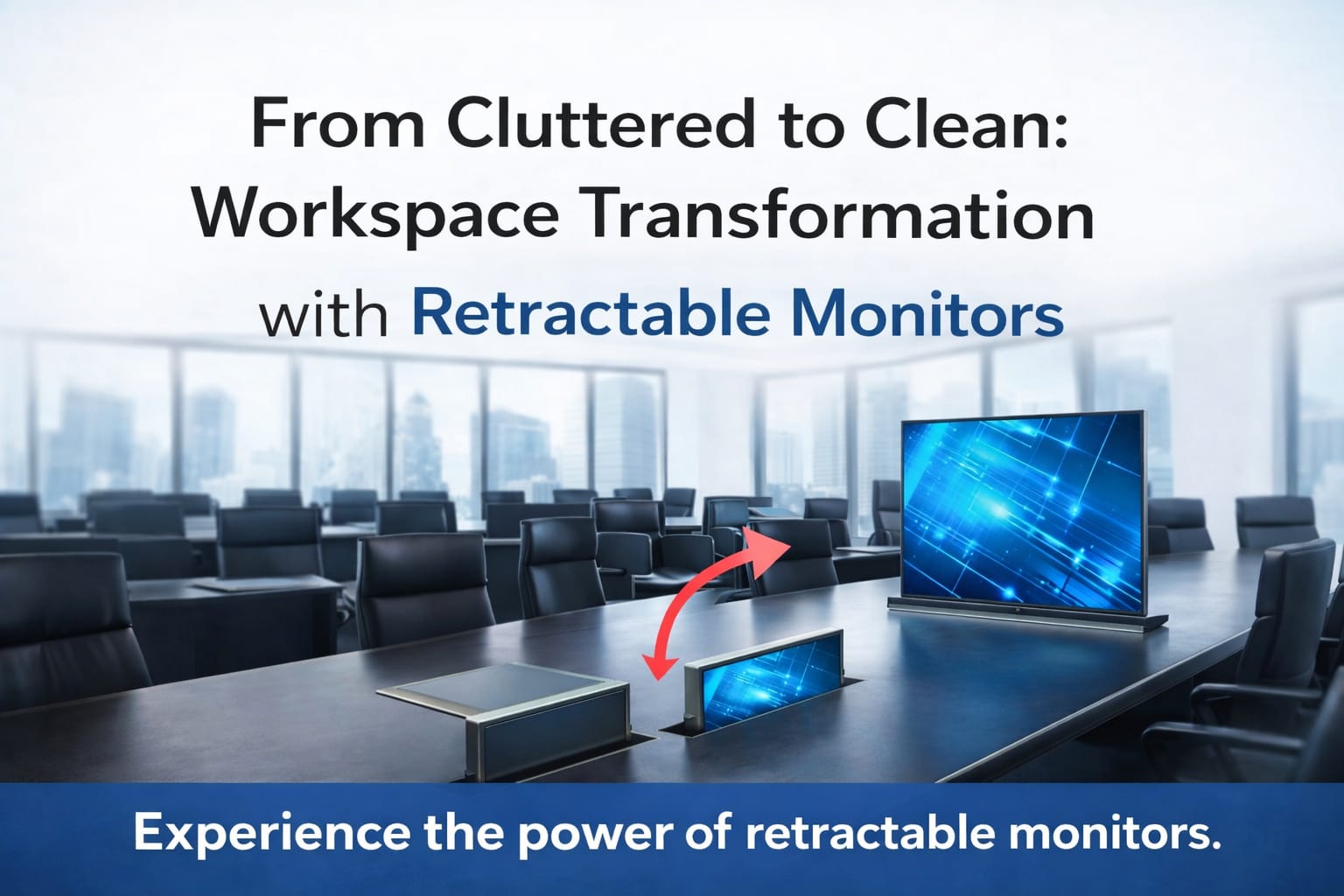 Corporate meeting room showcasing retractable monitors that rise from the table, illustrating a clean and organized workspace transformation with smart office technology.