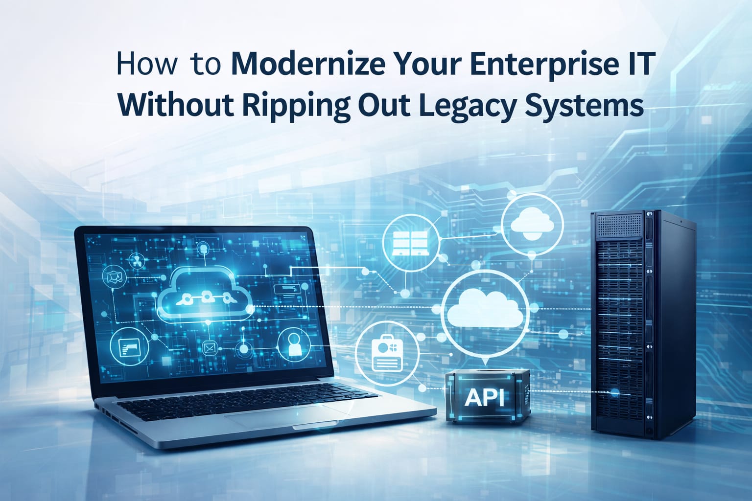 Modern enterprise IT infrastructure with cloud computing, API integration, and legacy system modernization concept